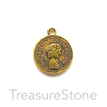 Charm/Pendant, gold-plated, 15mm coin. Pkg of 8.