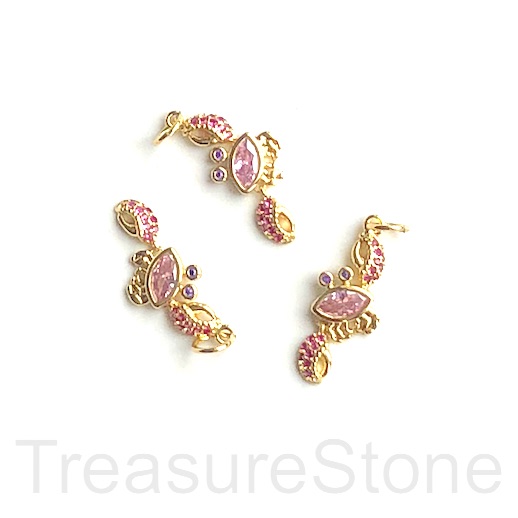 Pave charm, pendant, brass, 9x19mm gold crab, pink CZ. Ea