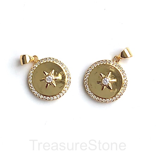 Pave Charm, pendant, brass, gold 17mm star. Each