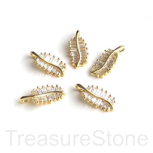 Pave Charm, pendant, brass, 9x21mm gold leaf, clear CZ. Ea